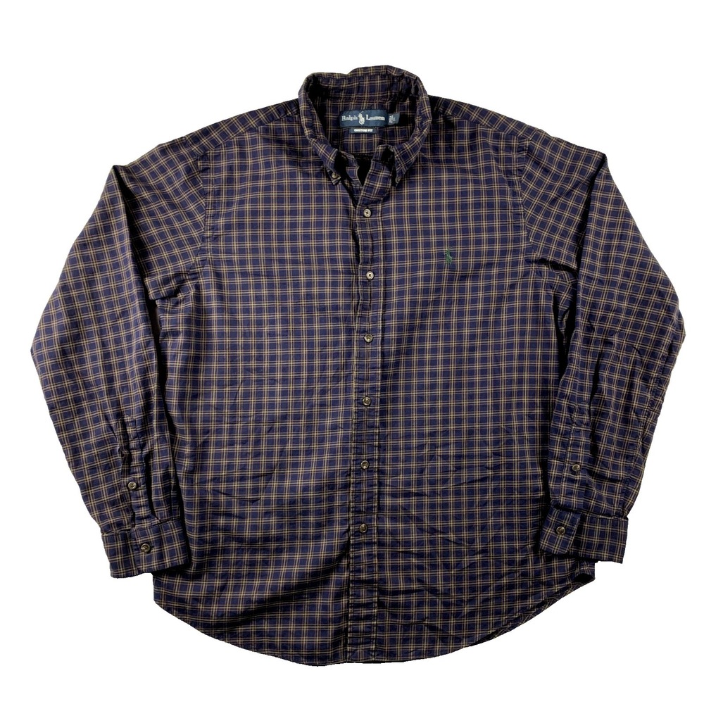 Ralph Lauren Custom Fit Shirt Mens Large Navy‎ Green Yellow Plaid L Long Sleeve